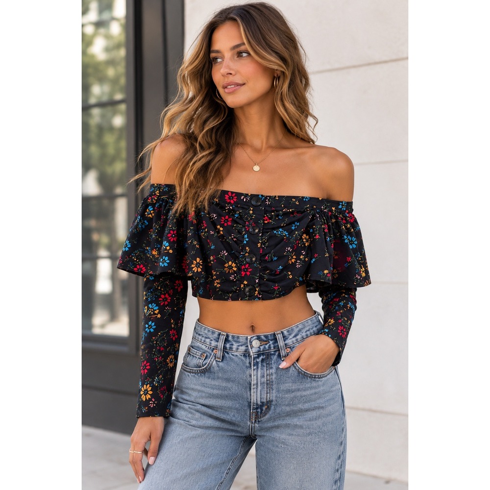C/MEO Collective Womens M Black Floral Off Shoulder Crop Top Ruffle Y2K